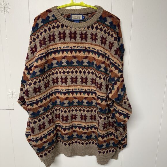 Vtg 90s Ruff Hewn Multicolor Pattern Cotton Knit Sweater Unique USA Made Men XL - Picture 1 of 9